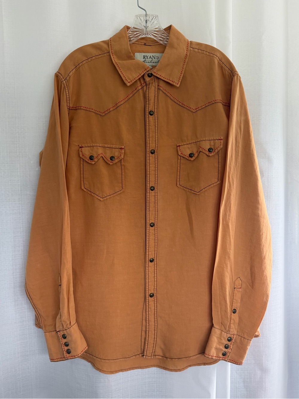 Ryan Michael Men’s Large Linen Blend Western Shirt Sunset Orange Embroidered